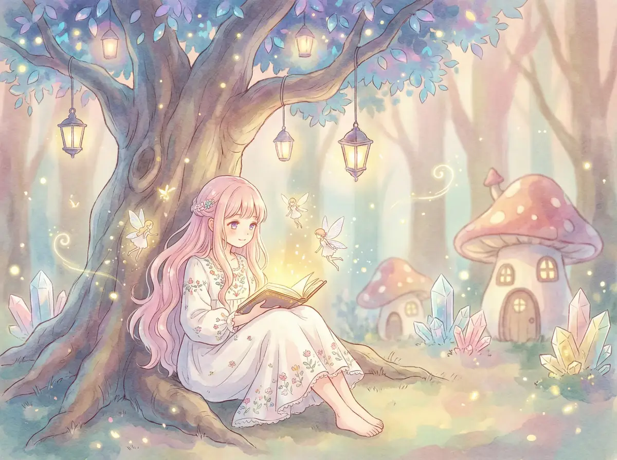 狠狠鲁电影 - 魔法森林中阅读故事书的粉发少女与精灵